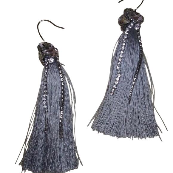 Long Grey Tassel Earrings Rhinestones Silvertone Glam Glitsy Event Party Boho - Picture 1 of 5